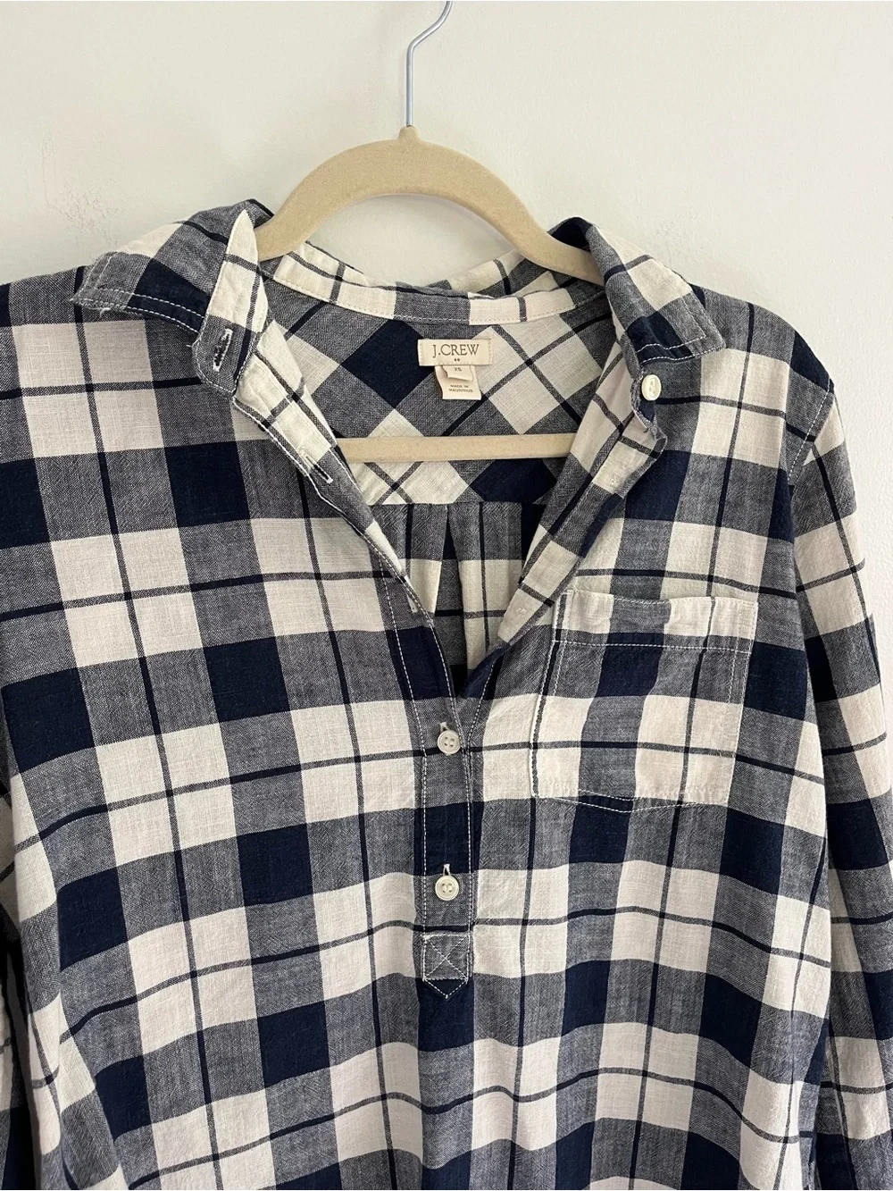 J. Crew Navy White Plaid Cotton Half Button Popover Long Sleeve Top Coastal XS